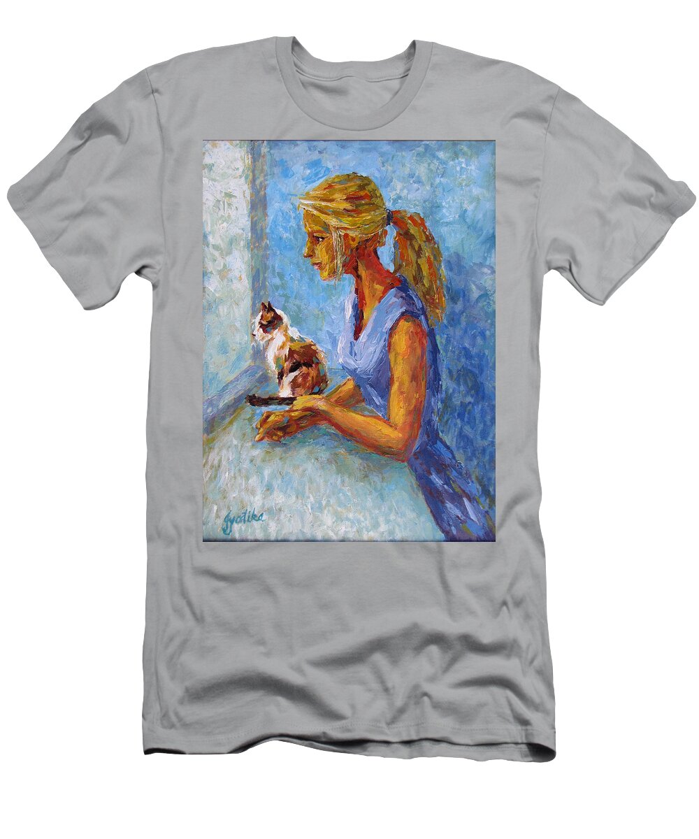 Girl And Cat T-Shirt featuring the painting Curiosity by Jyotika Shroff