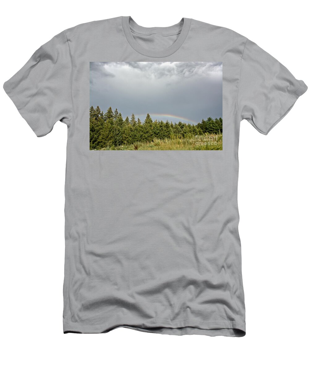 Rainbow T-Shirt featuring the photograph Dark Skies with Rainbow by Cheryl Baxter