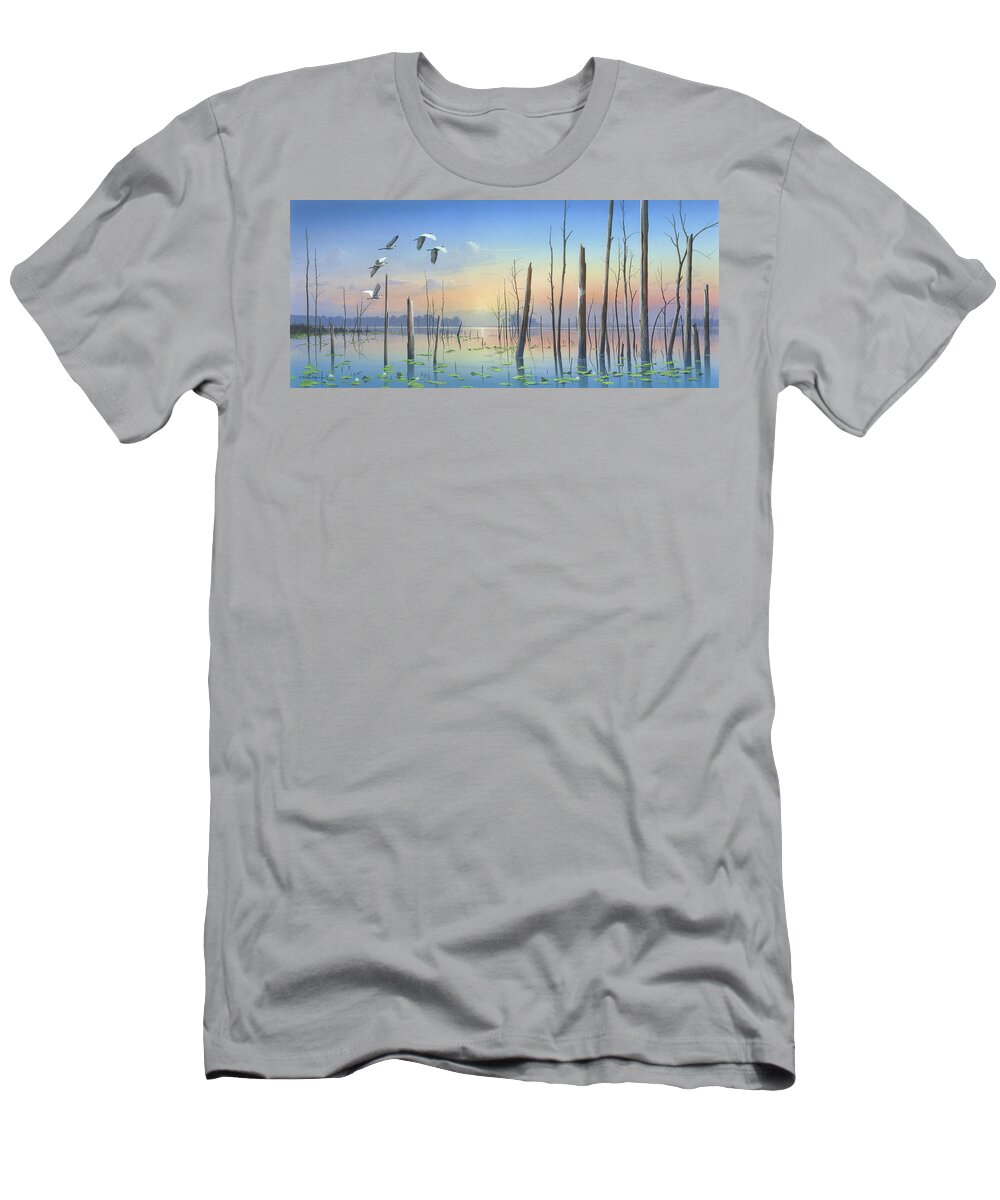 Egrets T-Shirt featuring the painting Dawns Early Light by Mike Brown
