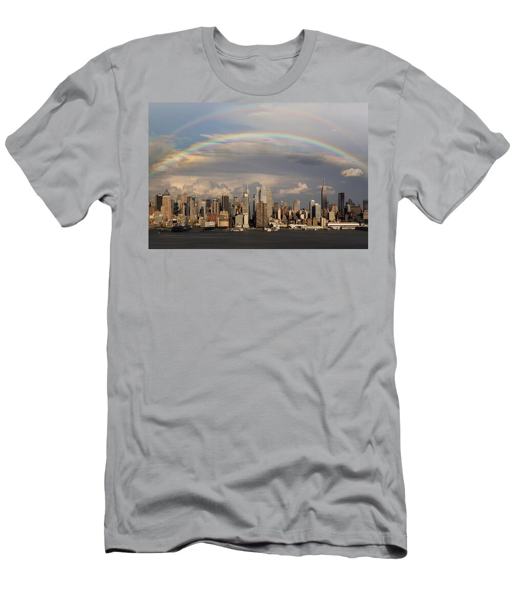 New York City Skyline T-Shirt featuring the photograph Double Rainbow Over NYC by Susan Candelario