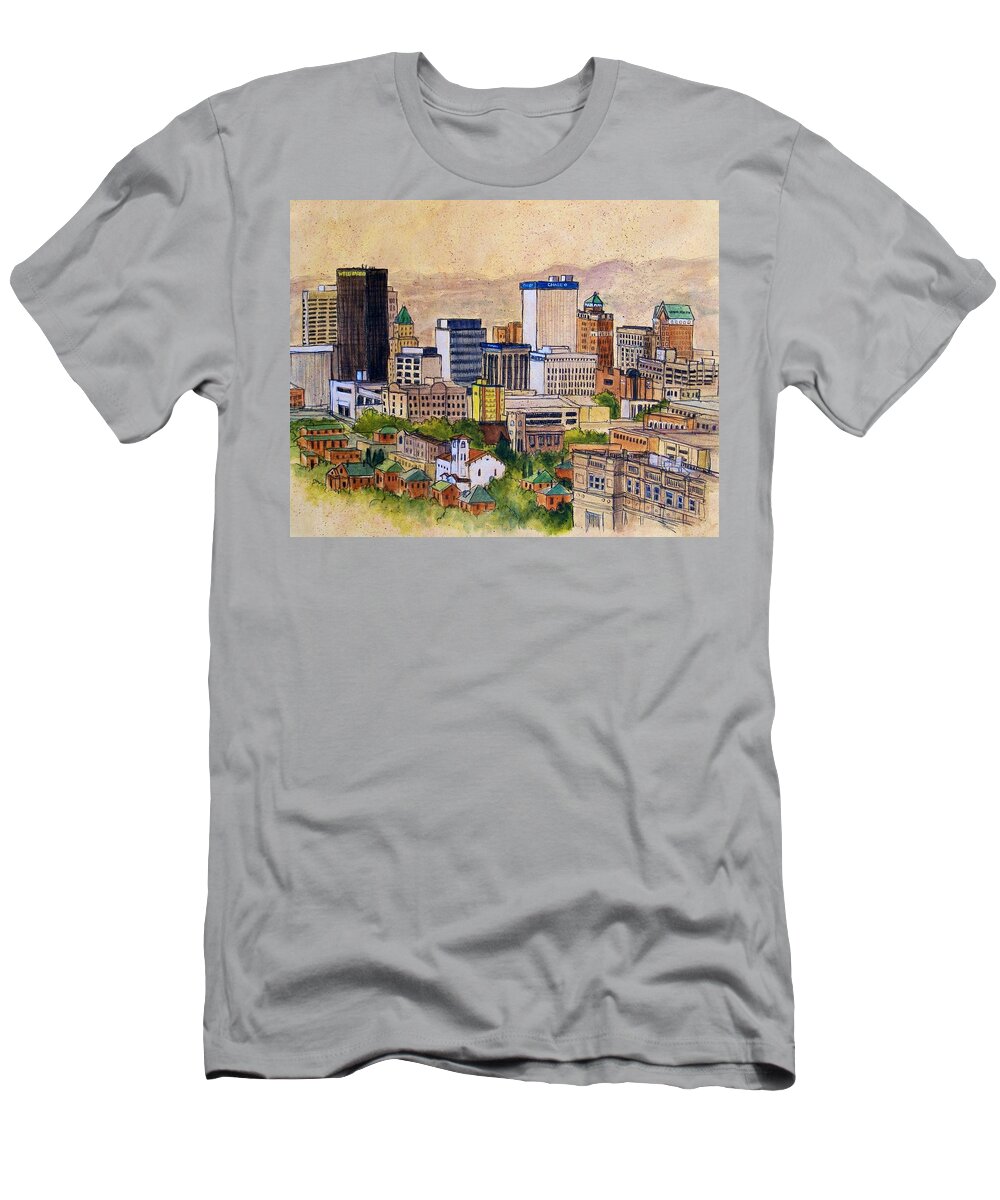 El Paso T-Shirt featuring the painting Downtown from Rim Road by Candy Mayer