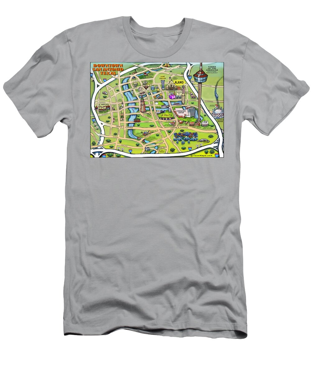 San Antonio T-Shirt featuring the digital art Downtown San Antonio Texas Cartoon Map by Kevin Middleton