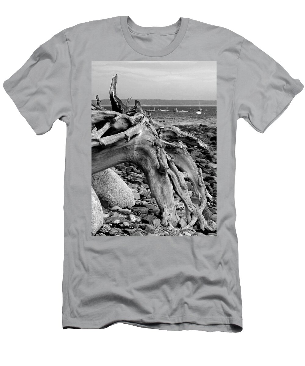 Driftwood On Rocky Beach T-Shirt featuring the photograph Driftwood on Rocky Beach by Jemmy Archer