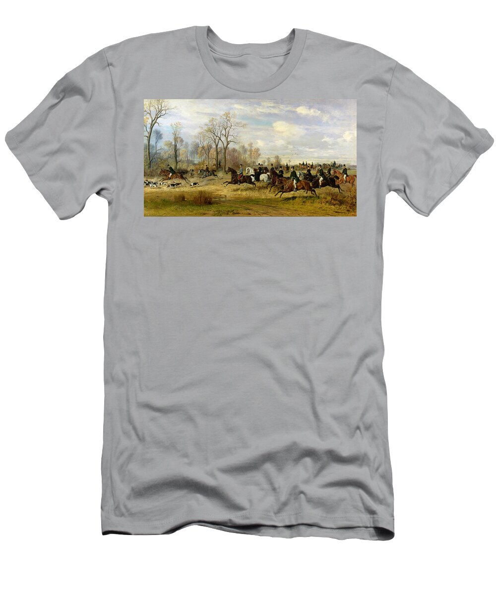 Hound T-Shirt featuring the painting Emperor Franz Joseph I of Austria Hunting to Hounds with the Countess Larisch in Silesia by Emil Adam