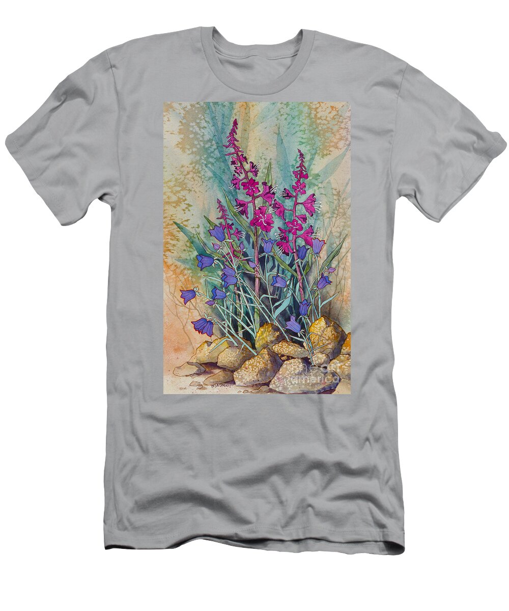 Fireweed And Bluebells T-Shirt featuring the painting Fireweed and Bluebells by Teresa Ascone