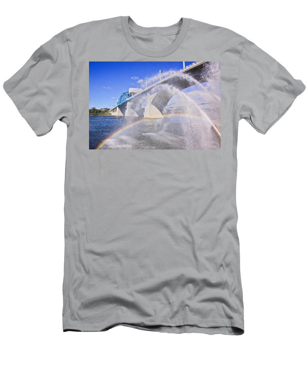 Bridge T-Shirt featuring the photograph Fountains and the Market Street Bridge by Tom and Pat Cory