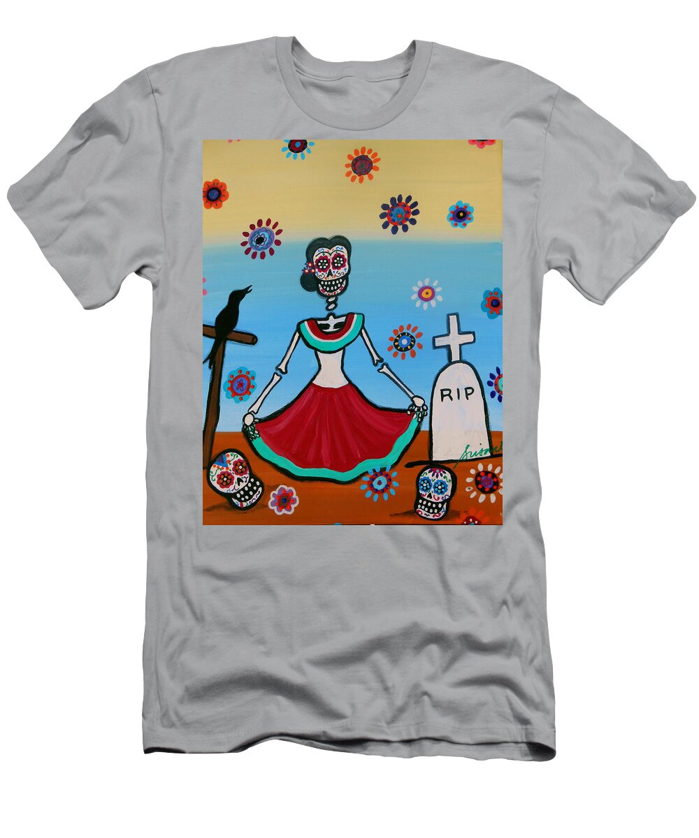 Day Of The Dead T-Shirt featuring the painting Frida Visiting The Grave by Pristine Cartera Turkus