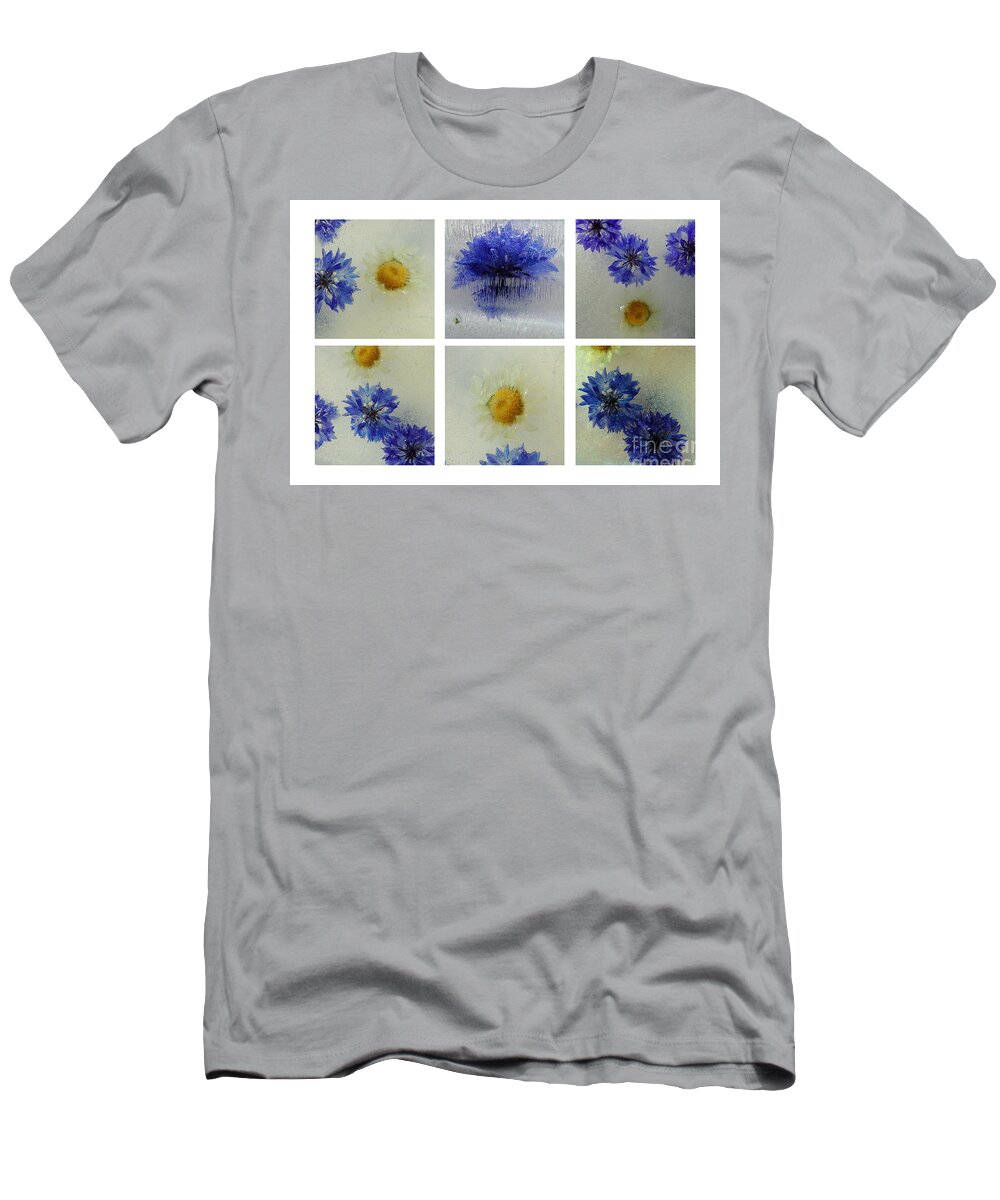 Frozen Ice Blue Flowers Icy Macro Collage T-Shirt featuring the photograph Frozen Blue by Randi Grace Nilsberg