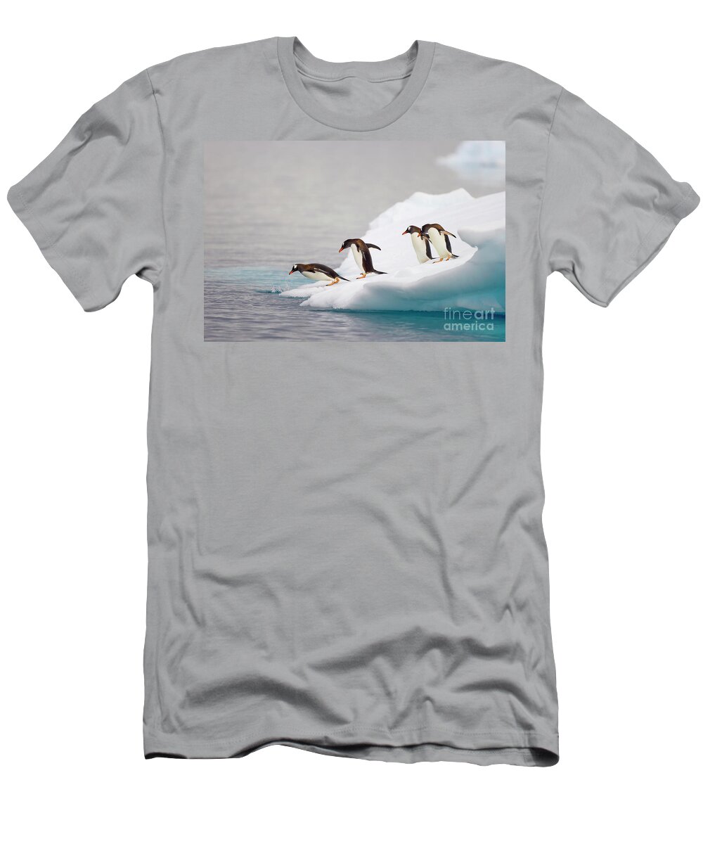 00345573 T-Shirt featuring the photograph Gentoo Penguin Diving From Iceberg by Yva Momatiuk and John Eastcott