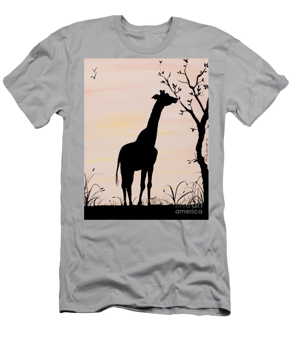 Giraffe T-Shirt featuring the painting Giraffe silhouette painting by Carolyn Bennett by Simon Bratt