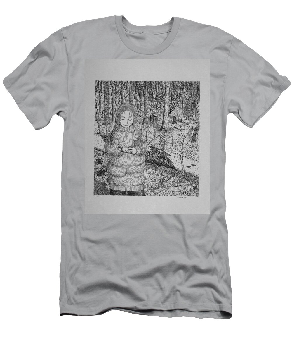 Girl T-Shirt featuring the drawing Girl In The Forest by Daniel Reed
