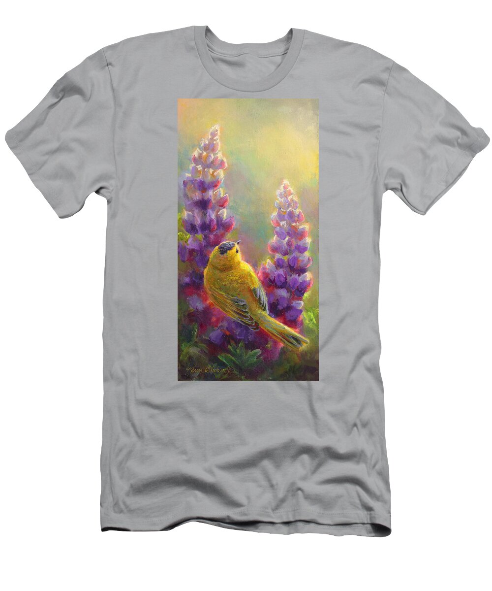 Golden Light 2 T-Shirt featuring the painting Golden Light 1 Wilsons Warbler and Lupine by K Whitworth