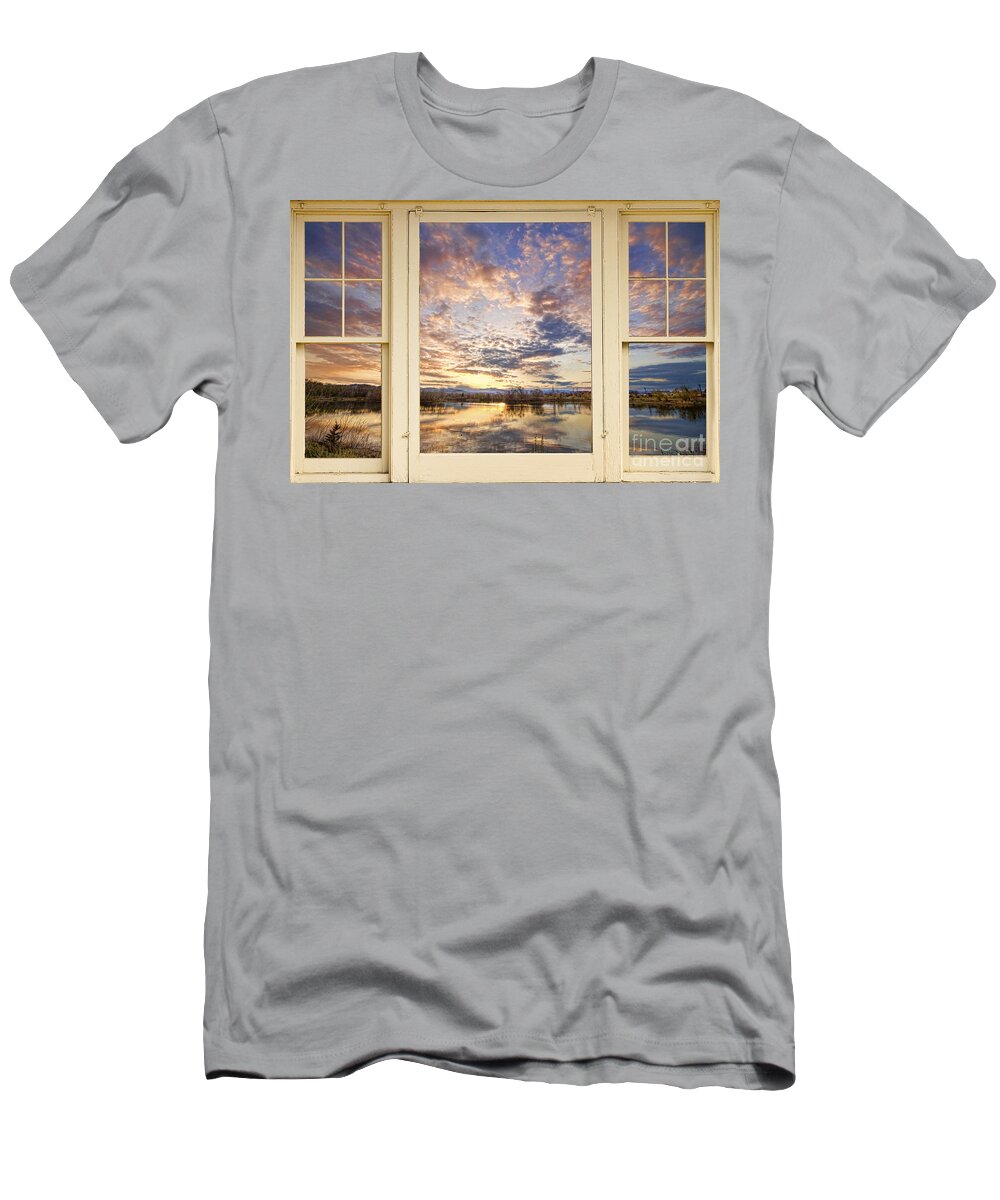 Window T-Shirt featuring the photograph Golden Ponds Scenic Sunset Reflections 4 Yellow Window View by James BO Insogna