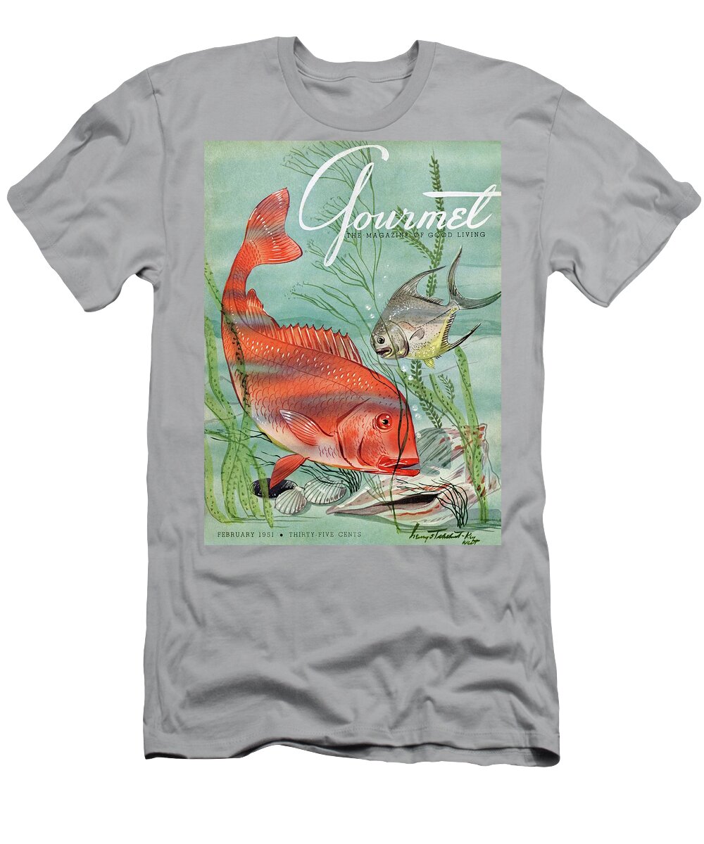 Illustration T-Shirt featuring the painting Gourmet Cover Featuring A Snapper And Pompano by Henry Stahlhut