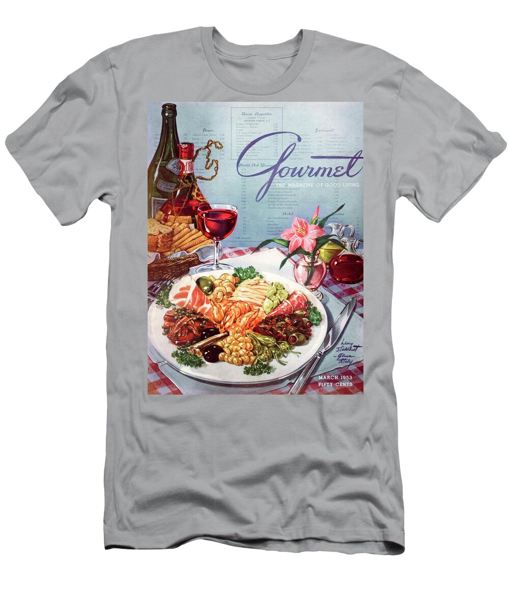 Food T-Shirt featuring the photograph Gourmet Cover Illustration Of A Plate Of Antipasto by Henry Stahlhut
