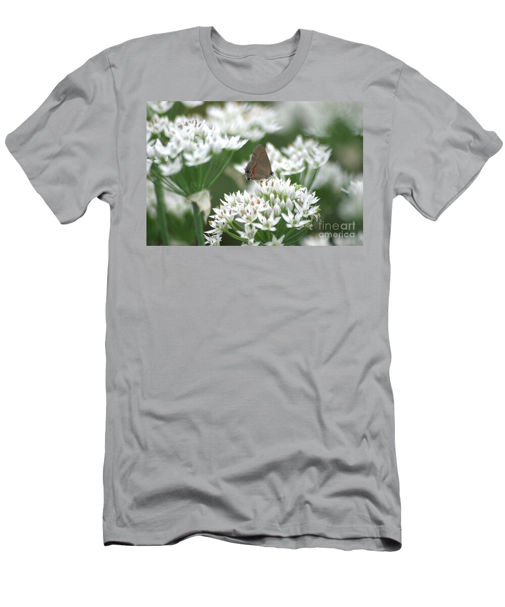 Gray Hairstreak T-Shirt featuring the photograph Gray Hairstreak On White Blossoms by Living Color Photography Lorraine Lynch