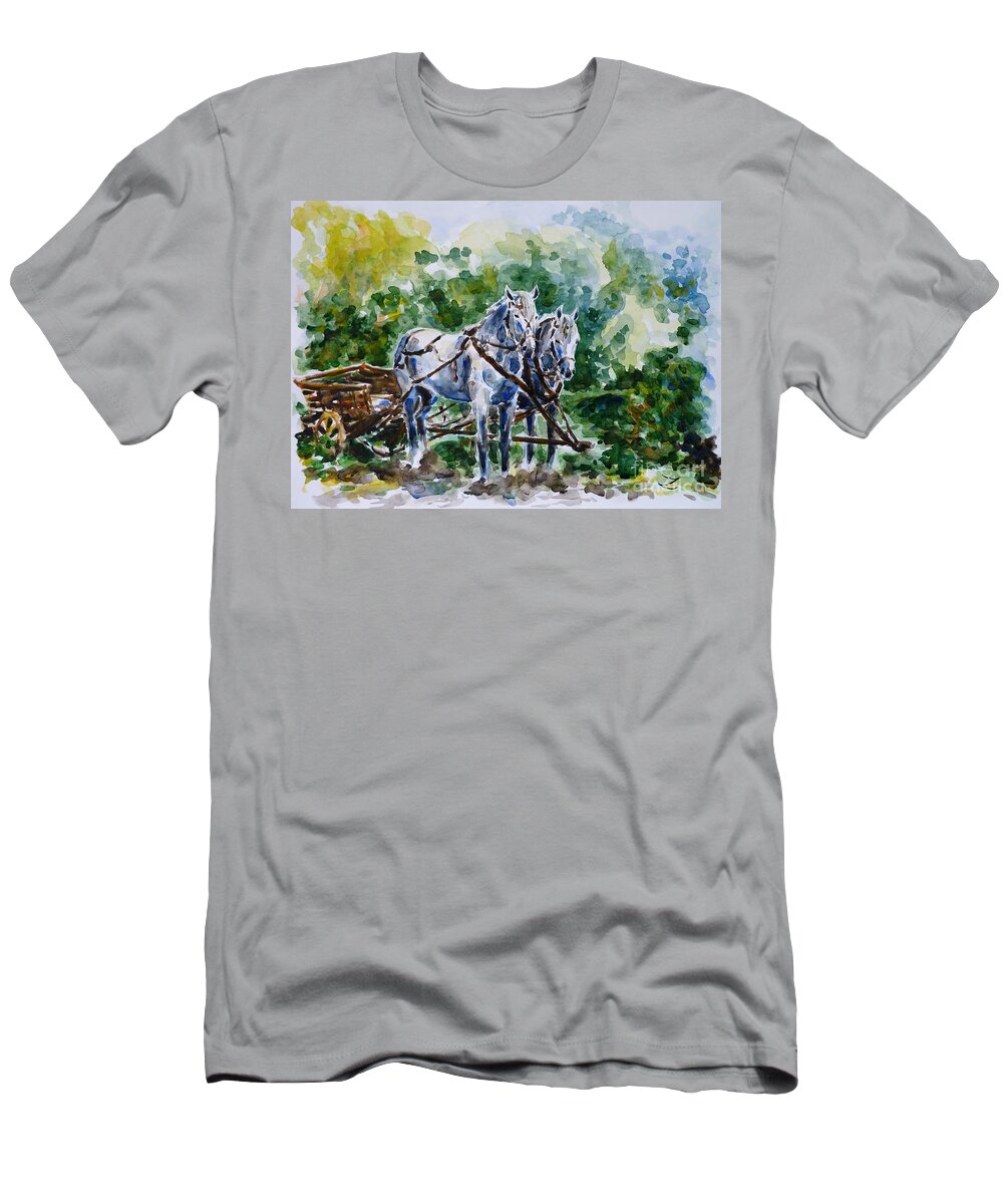 Horse T-Shirt featuring the painting Harnessed Horses by Zaira Dzhaubaeva