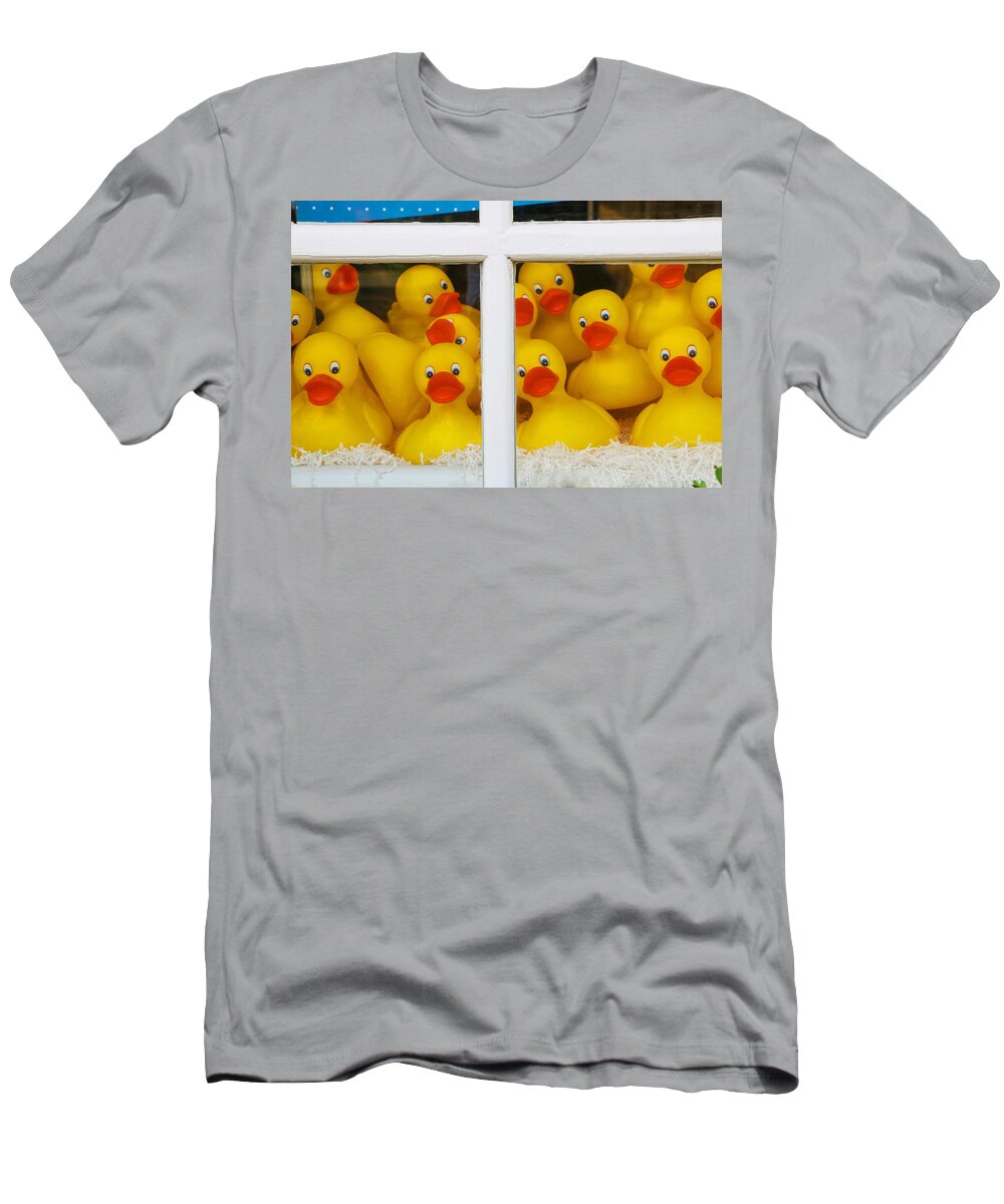 Rubber Duck T-Shirt featuring the photograph Help We're Trapped in a Window Display and Can't Get Out by Allen Beatty