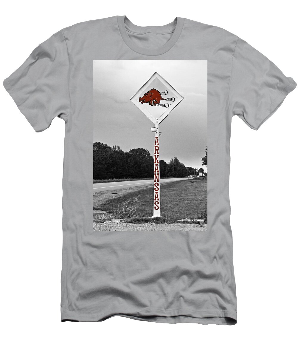 Arkansas T-Shirt featuring the photograph Hog Sign - selective color by Scott Pellegrin