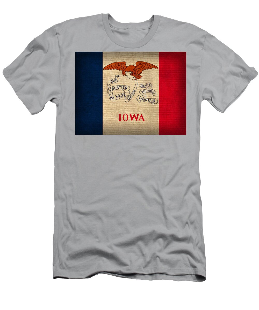 Iowa T-Shirt featuring the mixed media Iowa State Flag Art on Worn Canvas by Design Turnpike