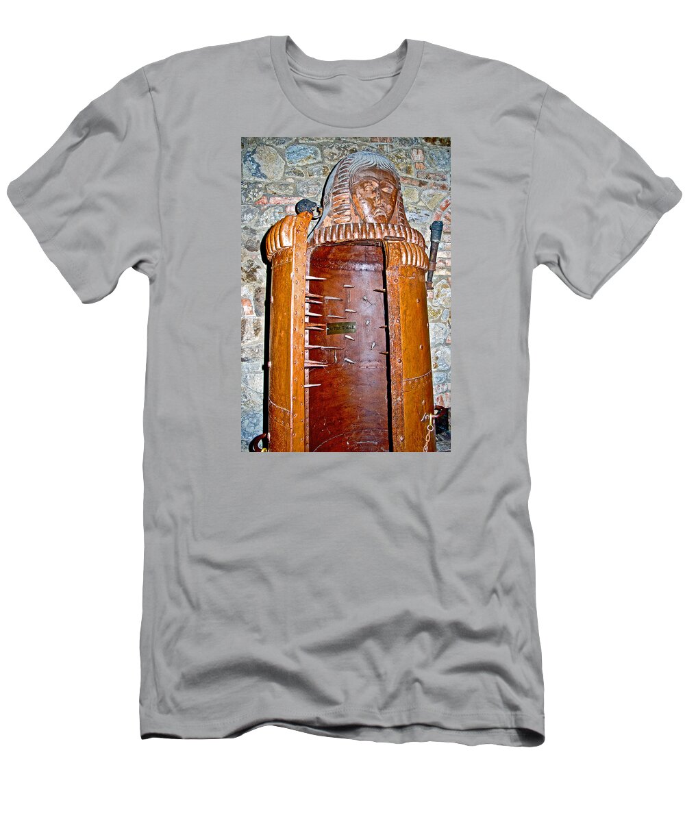 Iron Maiden Torture Chamber In Dungeon Of Castello Di Amorosa In Napa Valley T-Shirt featuring the photograph Iron Maiden Torture Chamber in Dungeon of Castello di Amorosa in Napa Valley-California by Ruth Hager
