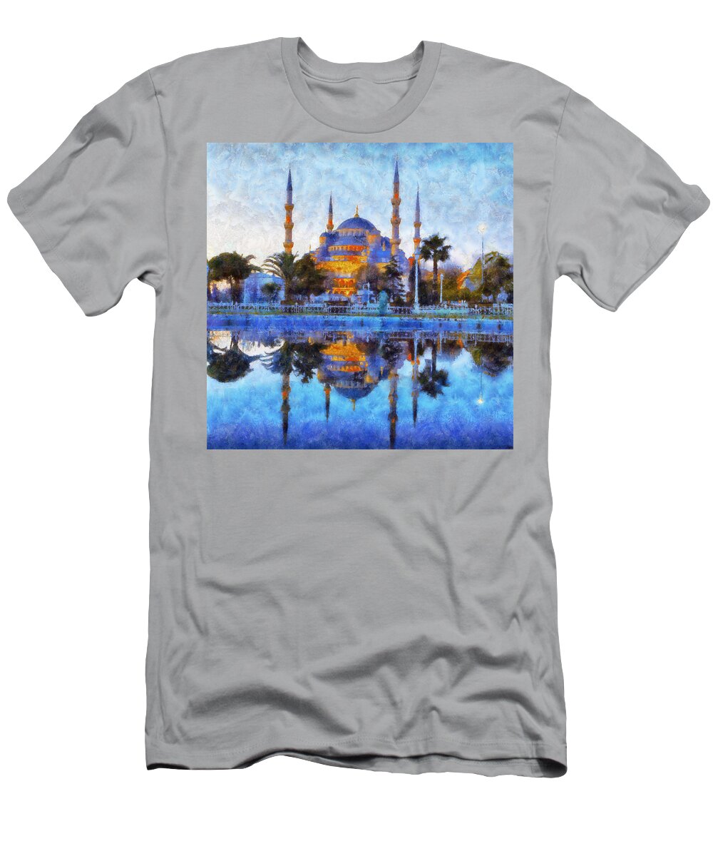 Istanbul Blue Mosque T-Shirt featuring the painting Istanbul Blue Mosque by Lilia D