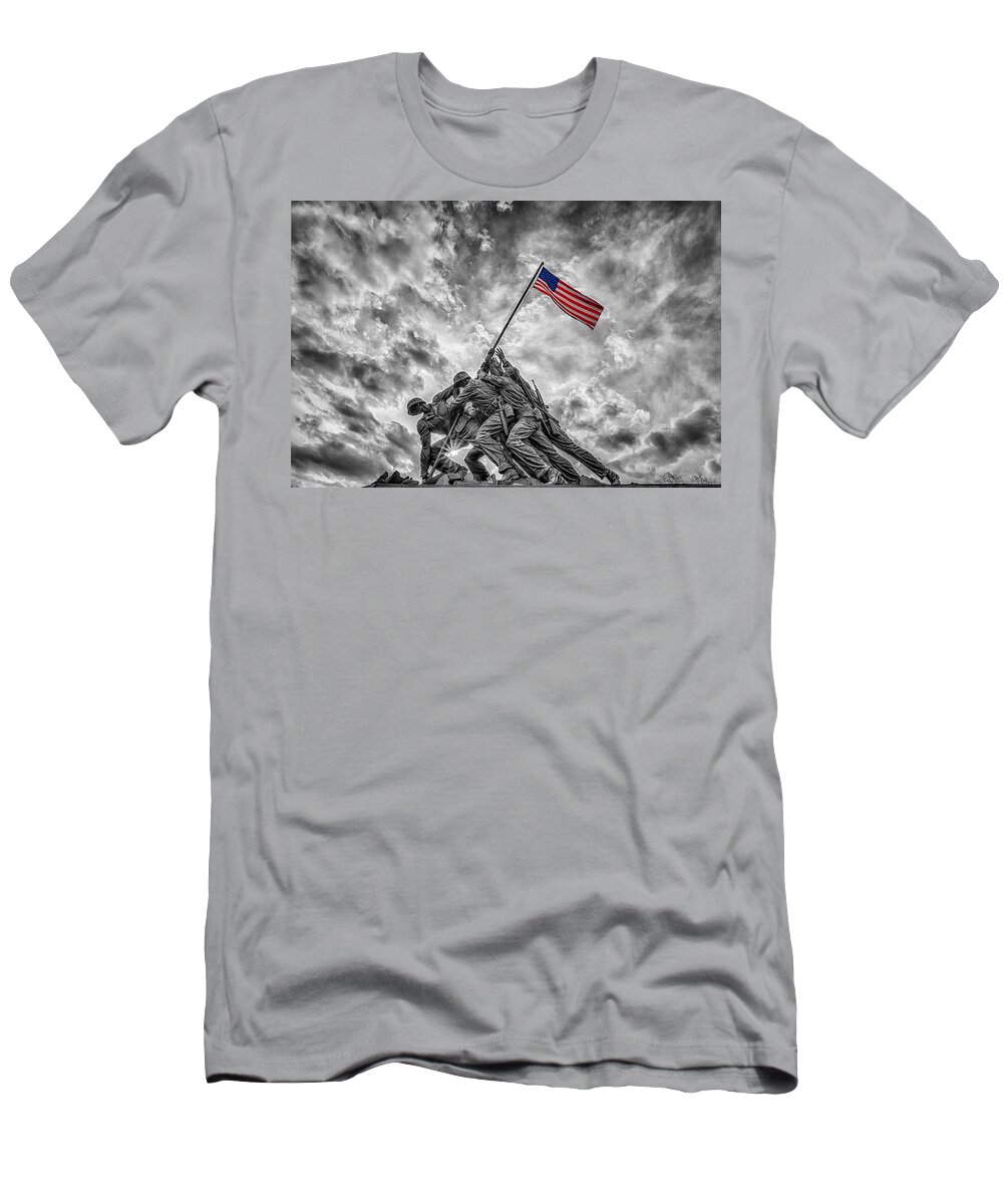 American Flag T-Shirt featuring the photograph Iwo Jima Memorial BW 1 by Susan Candelario