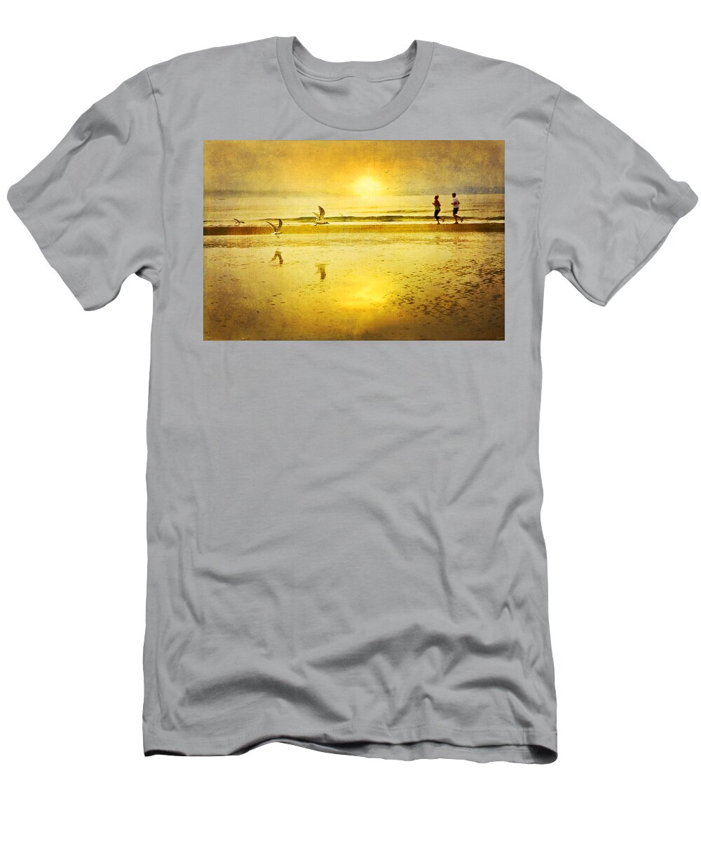 Beach T-Shirt featuring the photograph Jogging On Beach With Gulls by Theresa Tahara