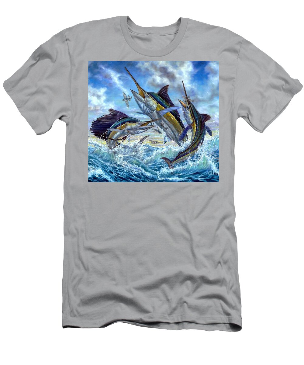 Blue Mrlin T-Shirt featuring the painting Jumping Grand Slam And Flyingfish by Terry Fox