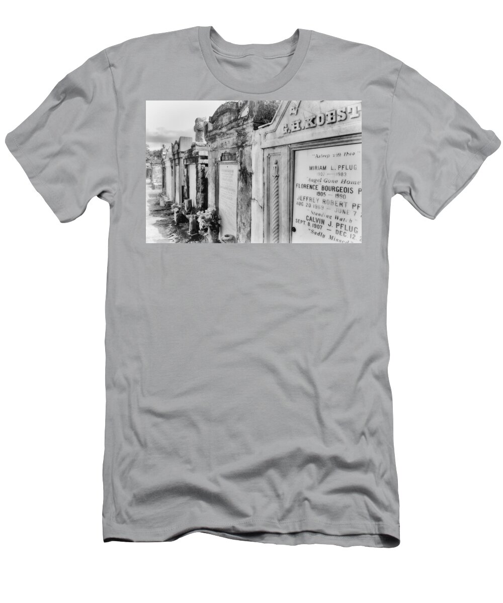 Black & White T-Shirt featuring the photograph Lafayette Cemetery Black And White by Jim Shackett