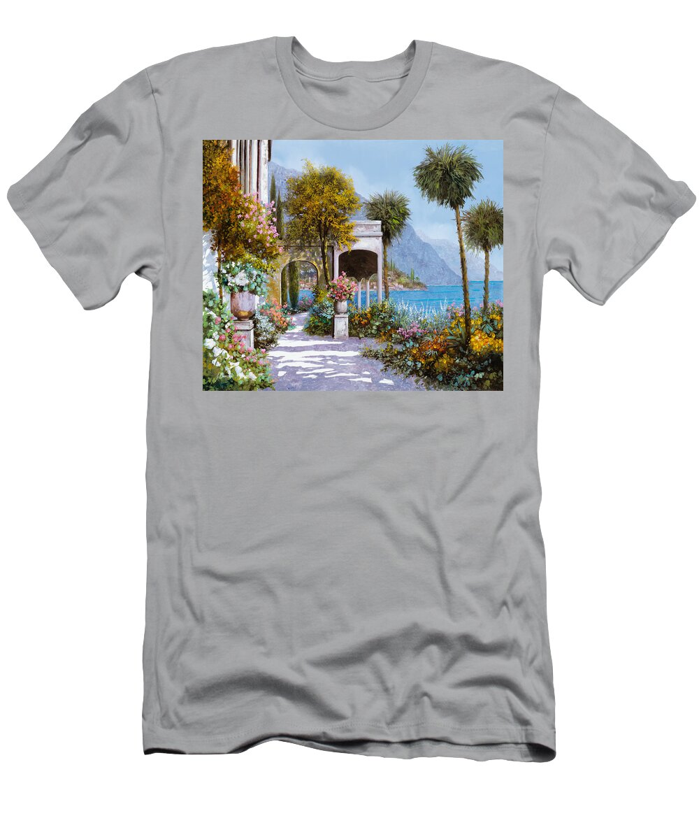 Lake T-Shirt featuring the painting Lake Como-la passeggiata al lago by Guido Borelli