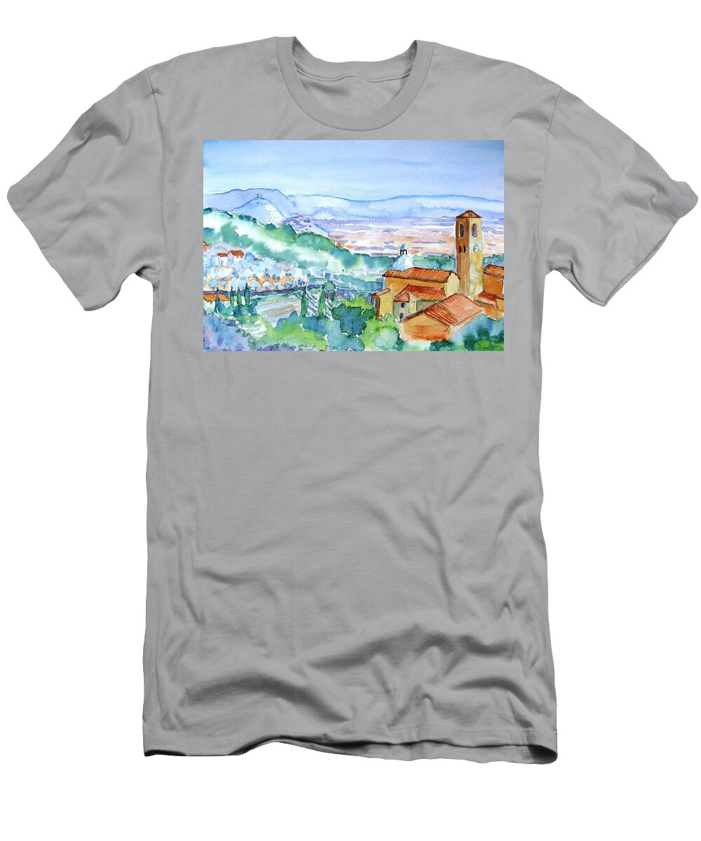 Watercolour T-Shirt featuring the painting Tuscany Valley view of Medieval village of Massa by Trudi Doyle