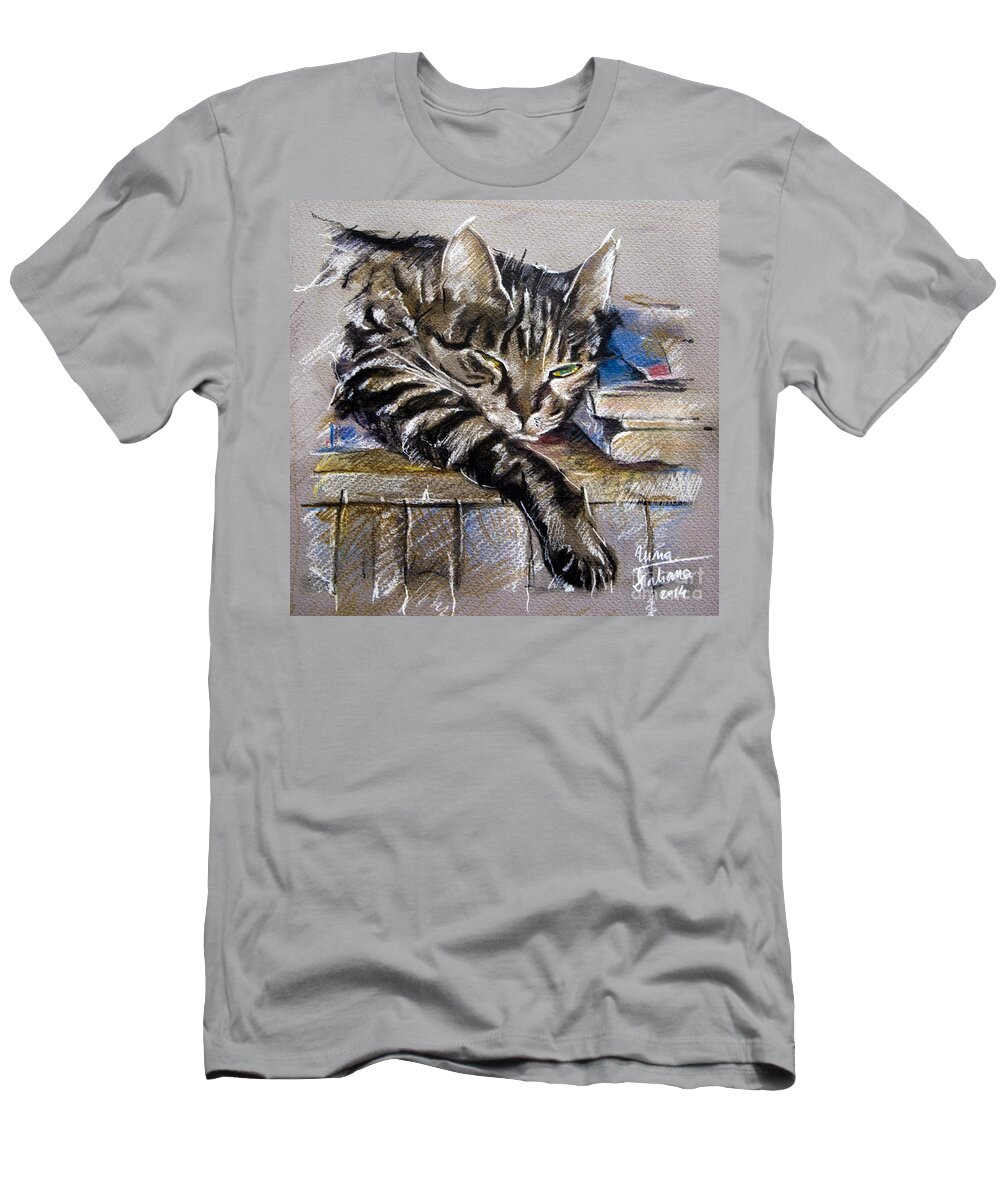 Cat T-Shirt featuring the drawing Lazy Cat Portrait - Drawing by Daliana Pacuraru