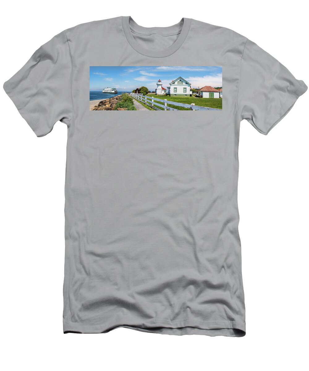Photography T-Shirt featuring the photograph Lighthouse With Ferry by Panoramic Images