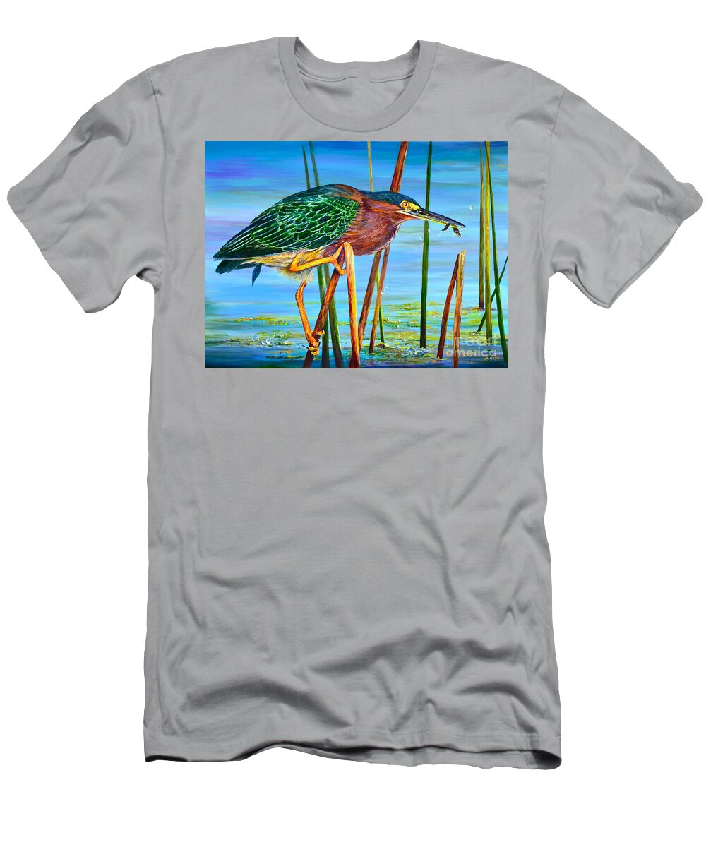 Perch T-Shirt featuring the painting Little Green Heron by AnnaJo Vahle