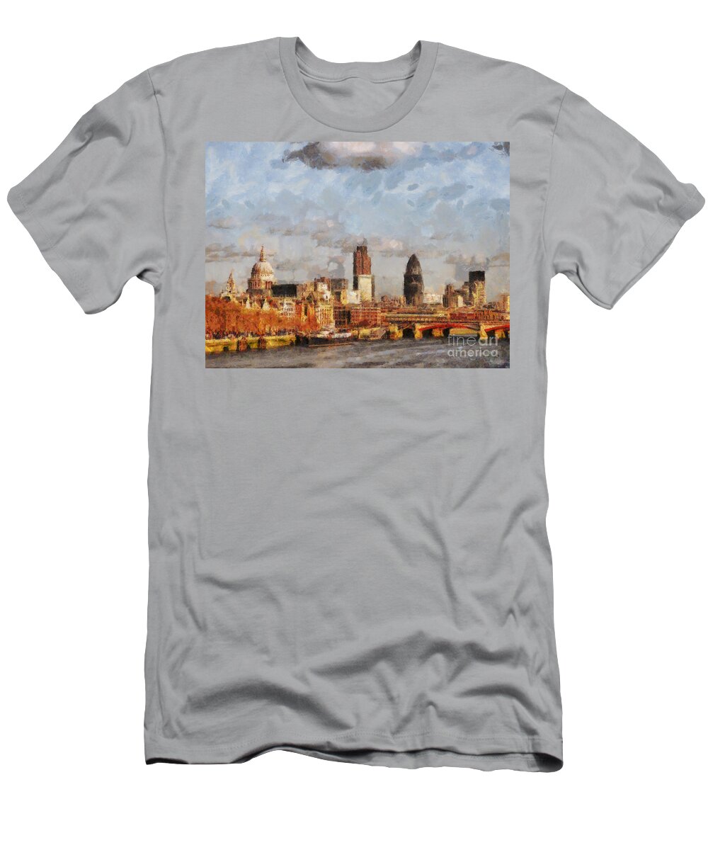 London T-Shirt featuring the painting London Skyline from the river by Pixel Chimp