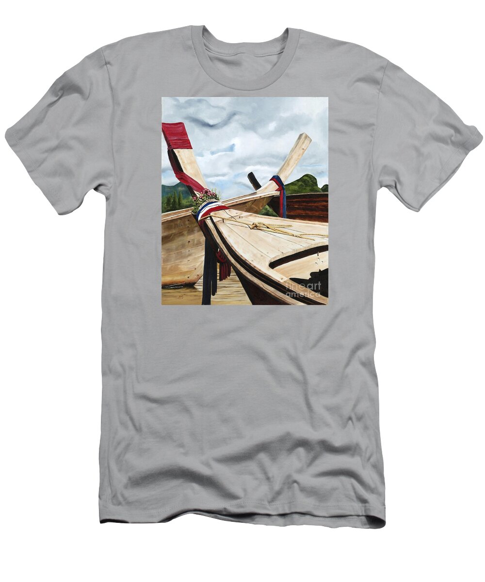 Art T-Shirt featuring the painting Long tail boats of Krabi by Mary Rogers