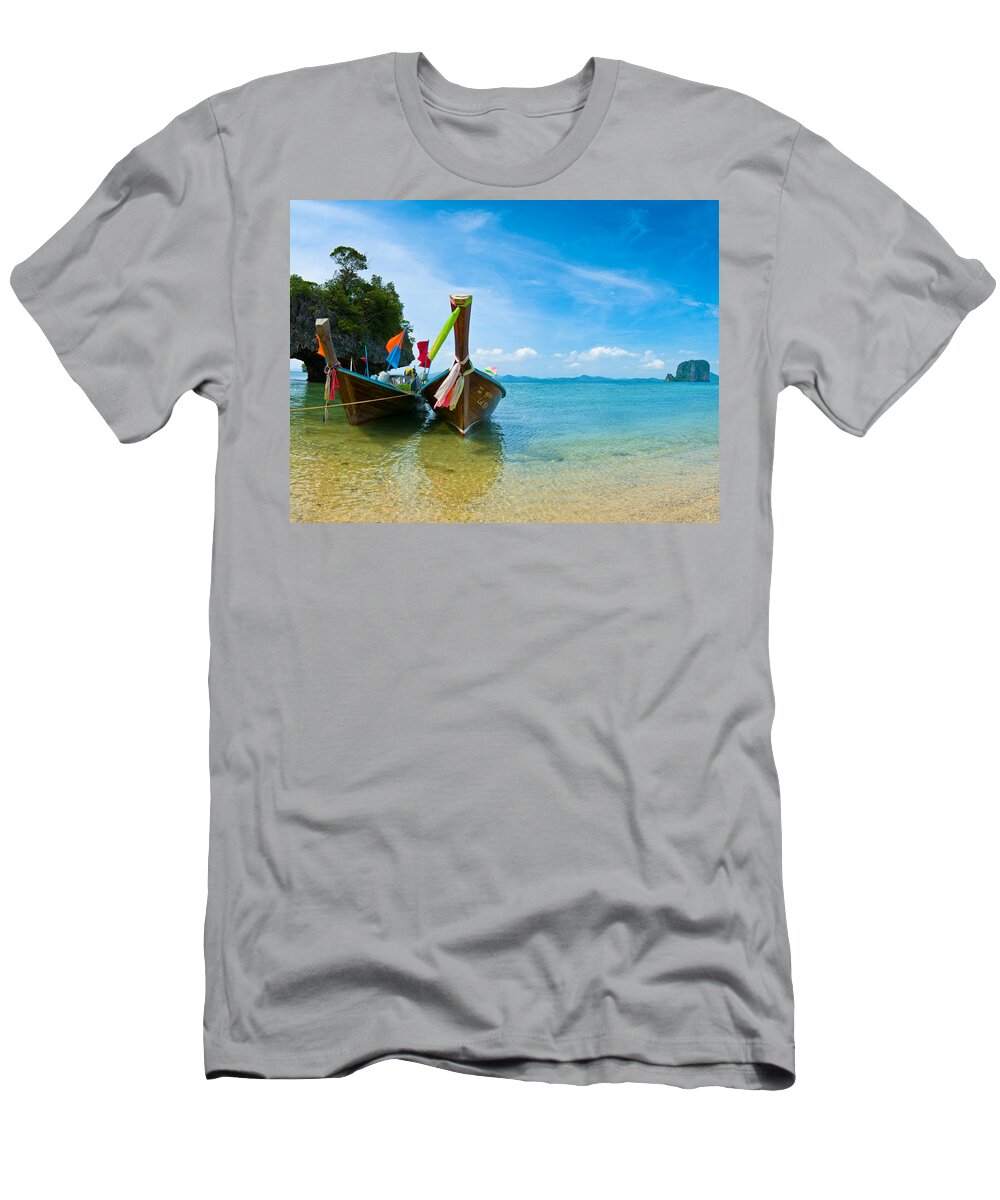 Andaman T-Shirt featuring the photograph Long Tail Boats by U Schade