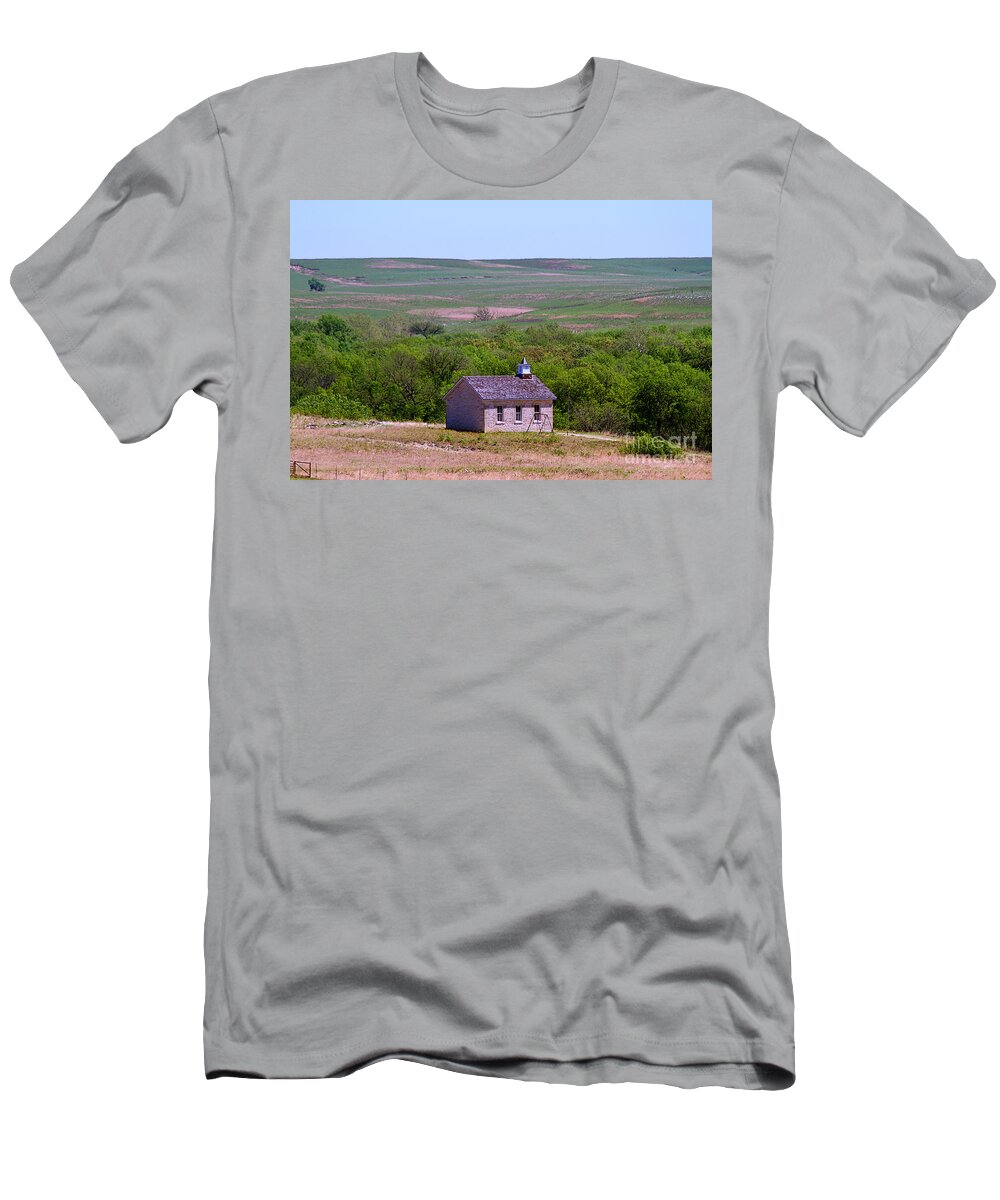 Tallgrass Prairie National Preserve T-Shirt featuring the photograph Lower Fox Creek Schoolhouse in the Flint Hills of Kansas by Catherine Sherman