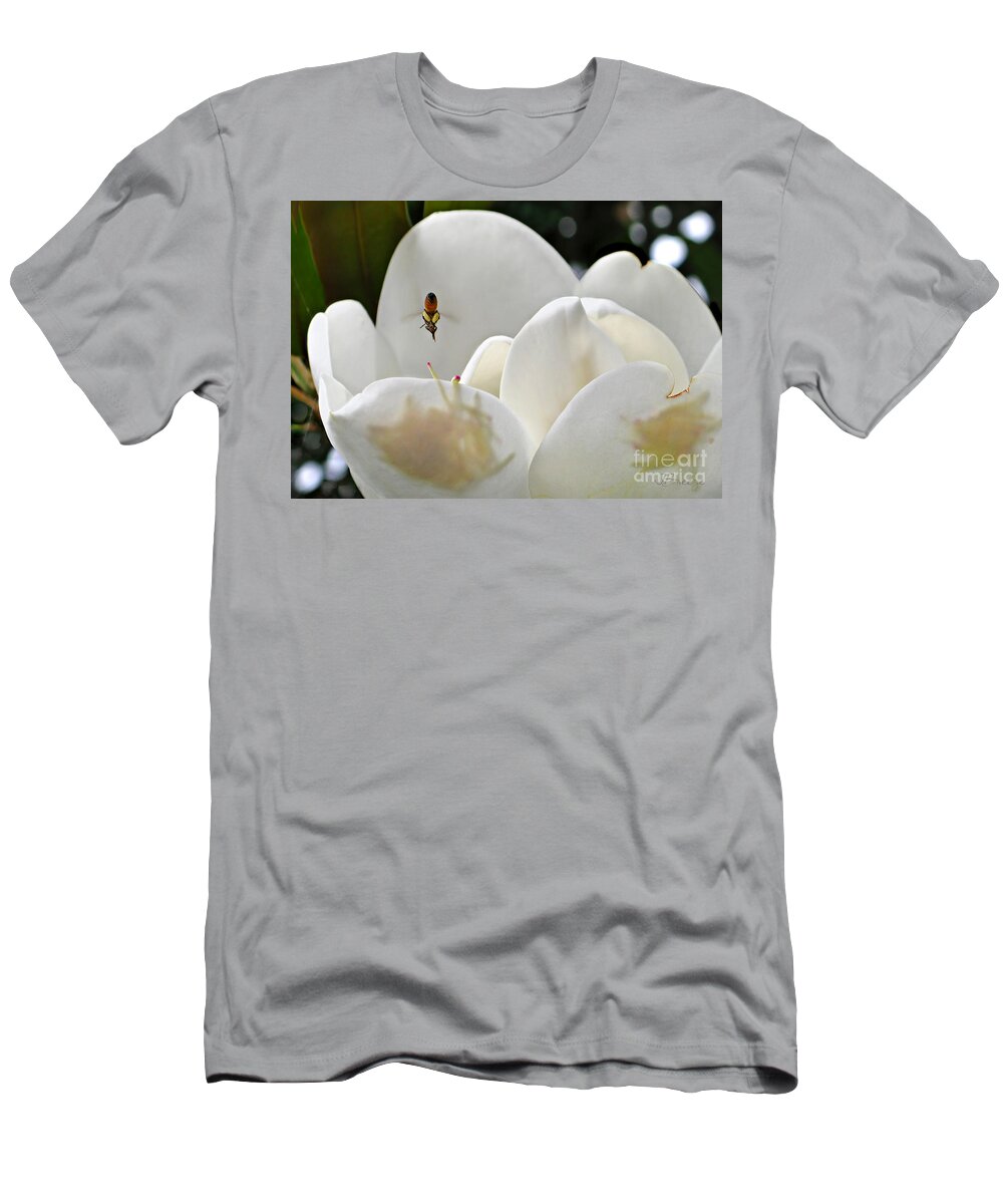 Magnolia T-Shirt featuring the photograph Magnolia Bound Bee by Jennie Breeze