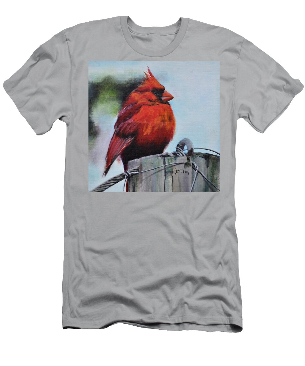 Cardinal T-Shirt featuring the painting Male Cardinal on Post by Donna Tuten