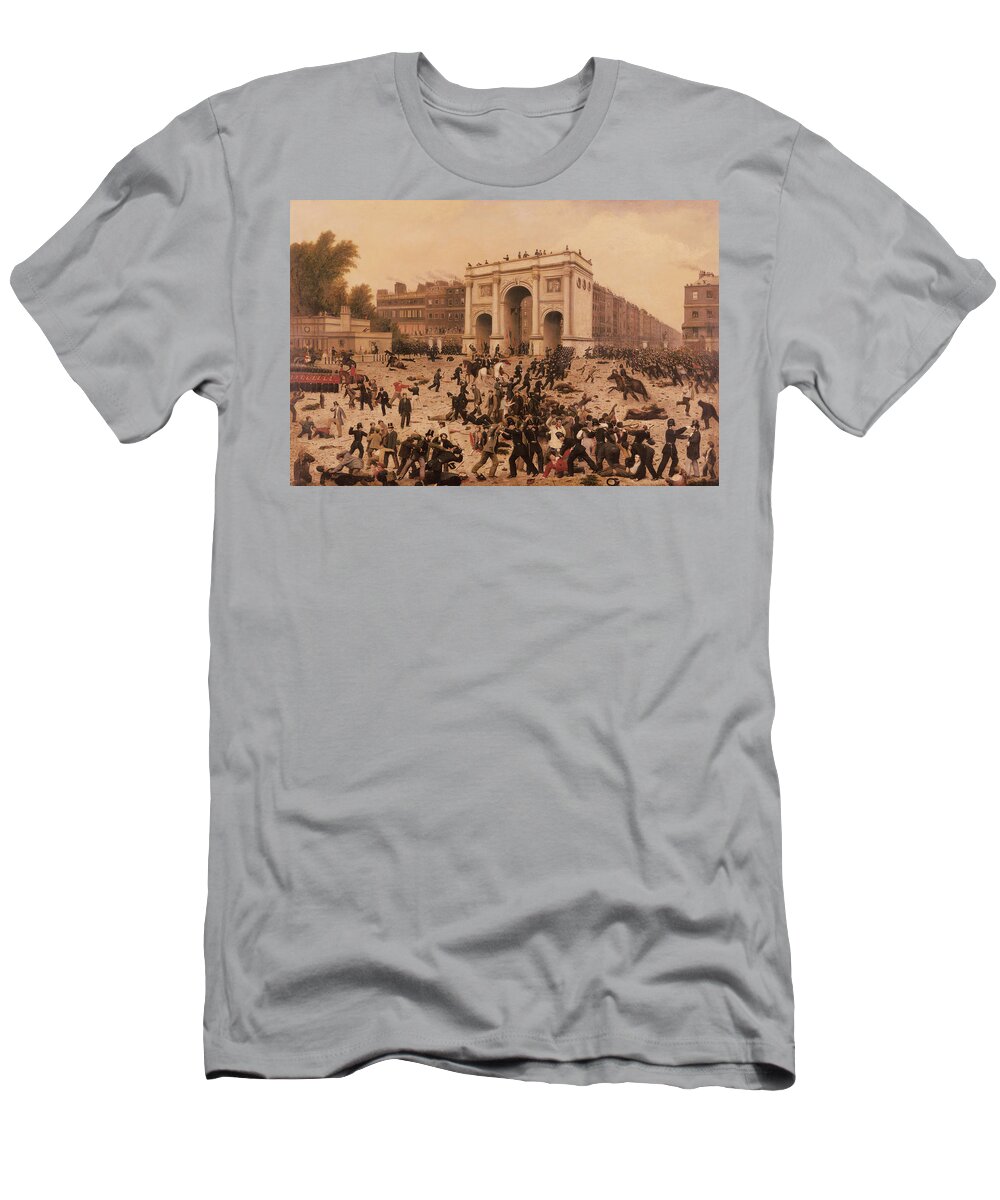 Triumphal Arch T-Shirt featuring the photograph Manhood Suffrage Riots In Hyde Park, 1866 Oil On Canvas by Nathan Hughes