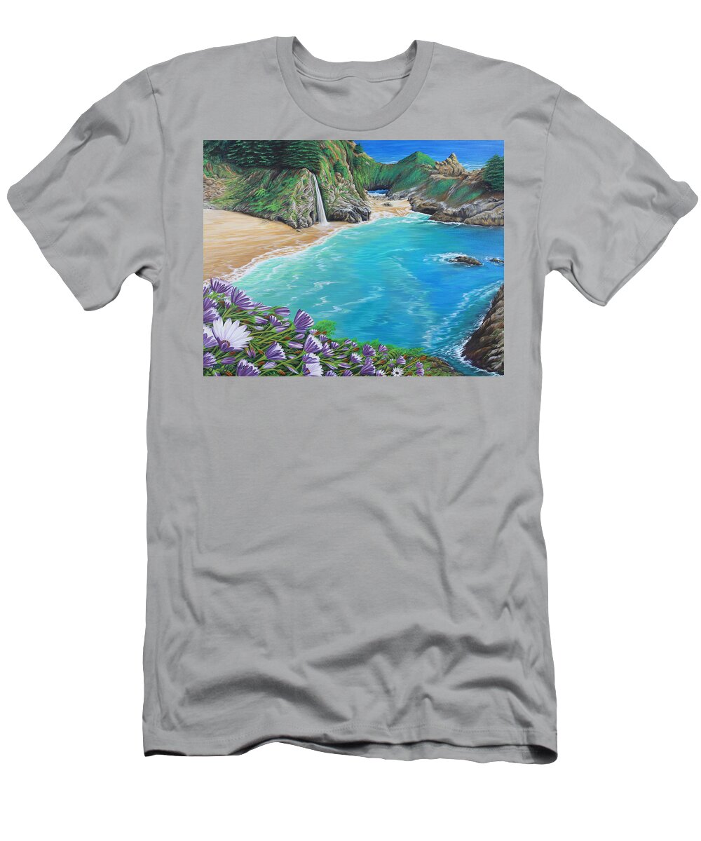 Beach T-Shirt featuring the painting McWay Falls by Jane Girardot