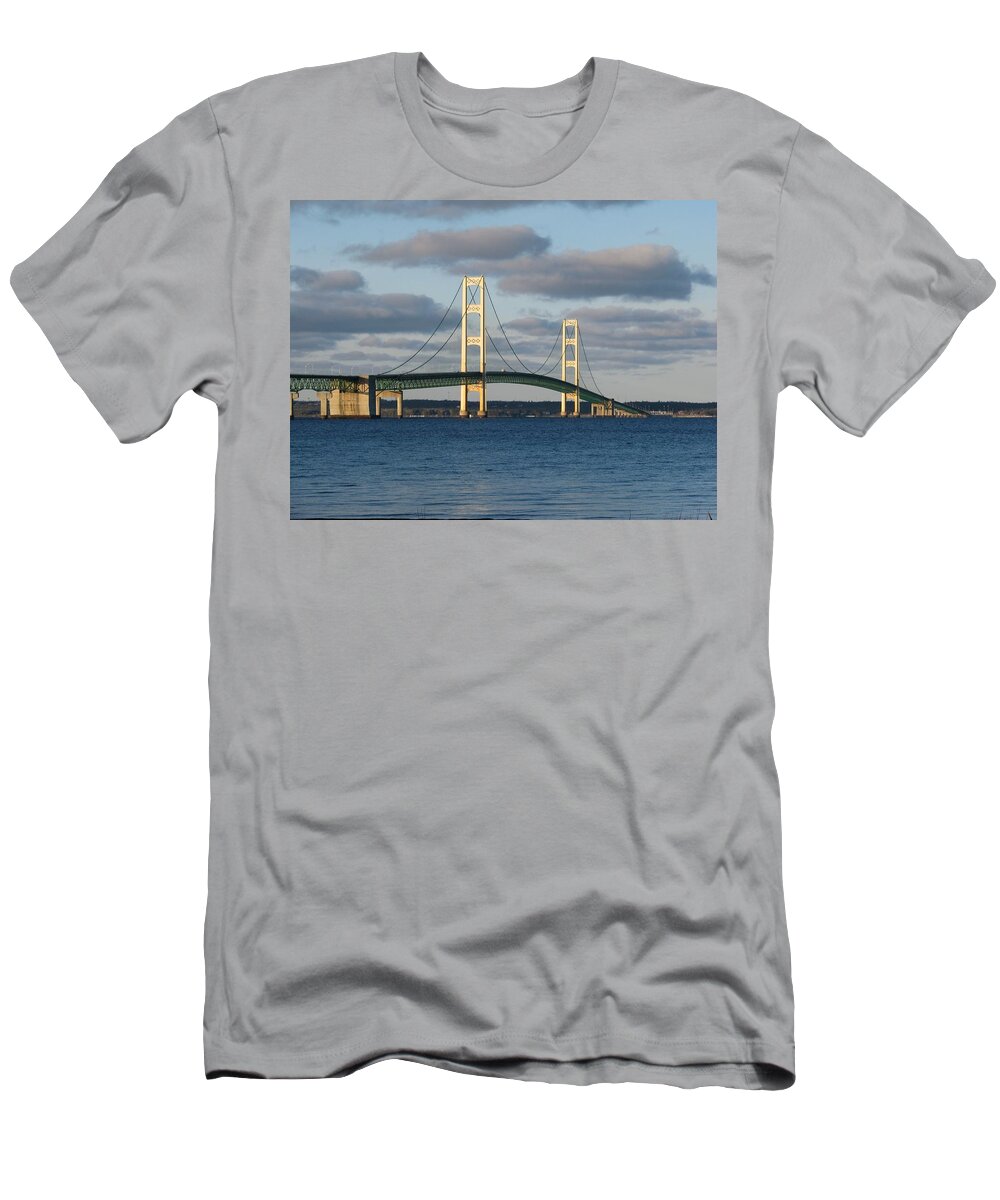 Mackinac Bridge T-Shirt featuring the photograph Mighty Mac in December by Keith Stokes