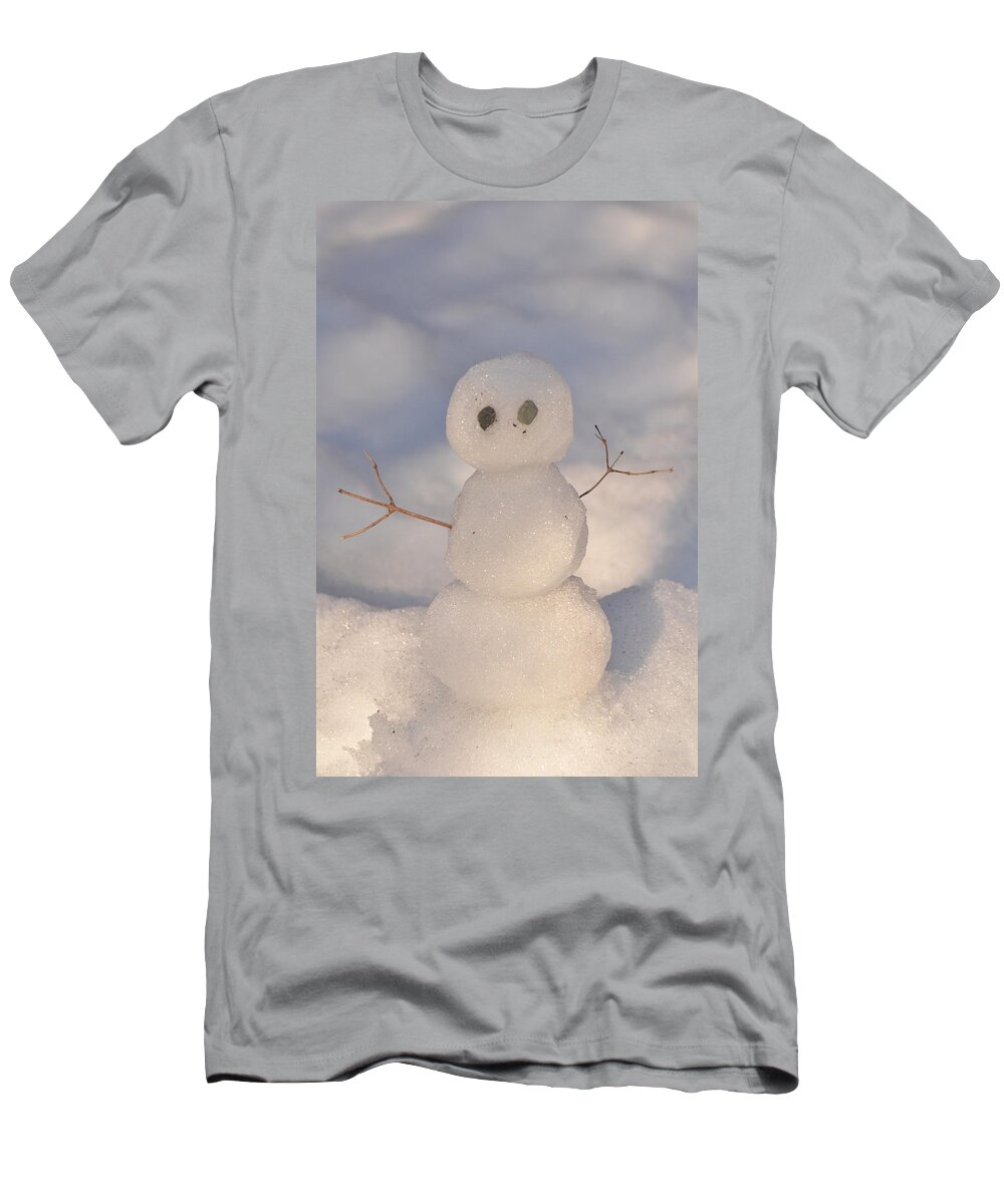 Snowman T-Shirt featuring the photograph Miniature Snowman portrait by Nancy Landry