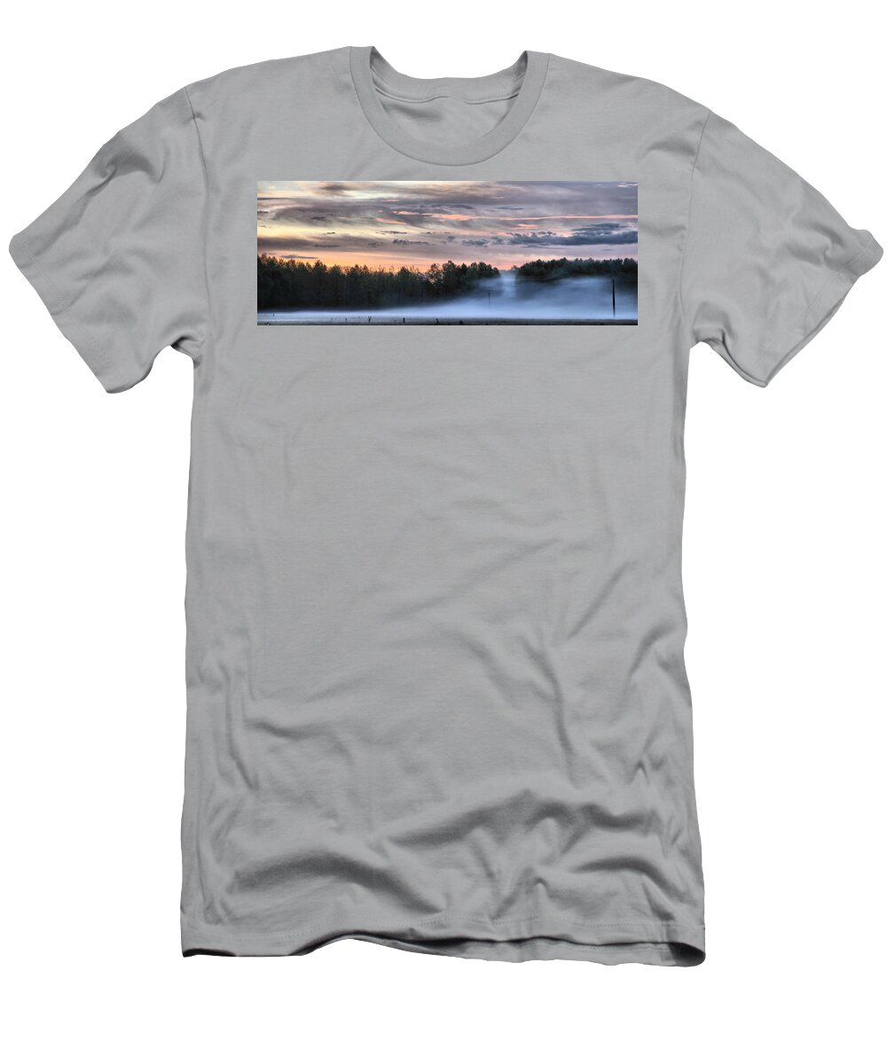 Countryside. Sun T-Shirt featuring the photograph Misty morning in France by Mick Flynn