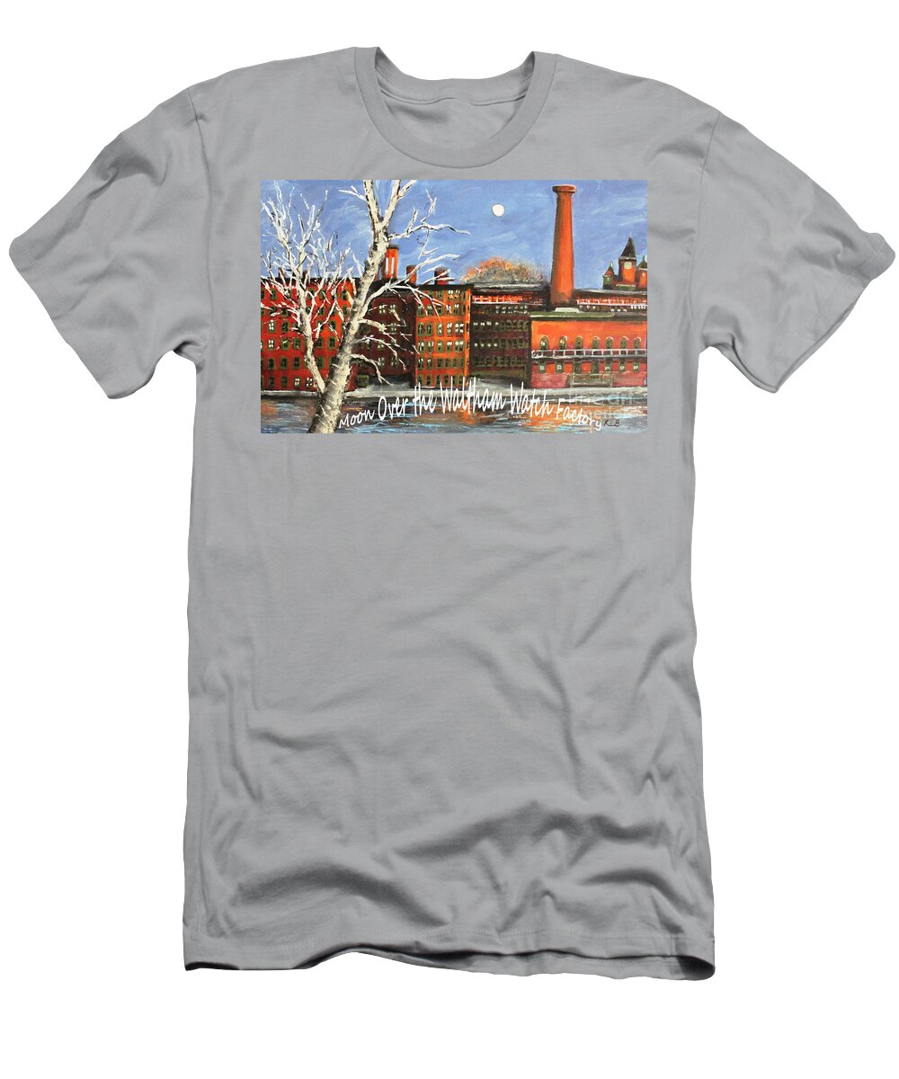 Landscape. Waltham T-Shirt featuring the painting Moon Over Waltham Watch by Rita Brown