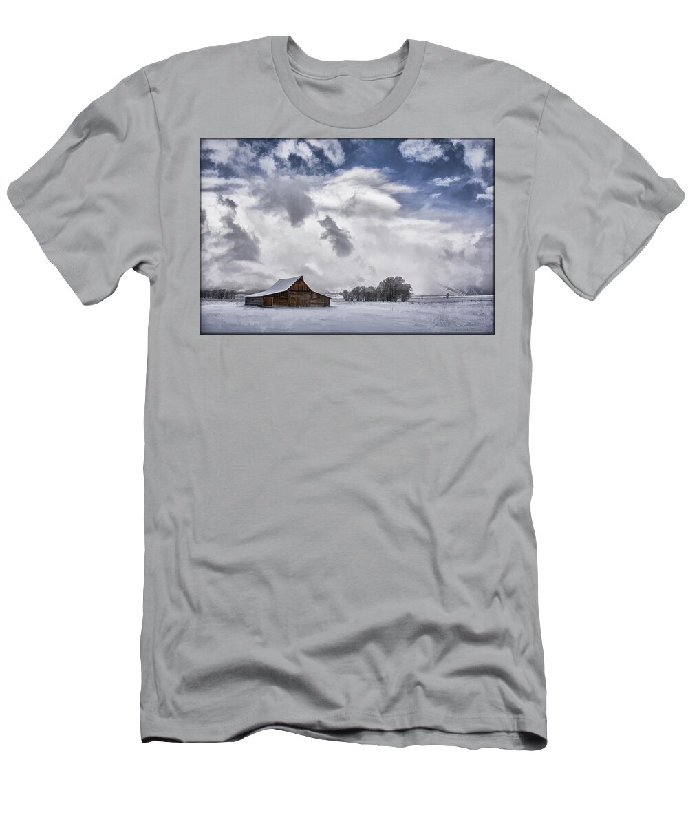 Grand Tetons T-Shirt featuring the photograph Mormon Row Snowfall in Watercolor by Erika Fawcett