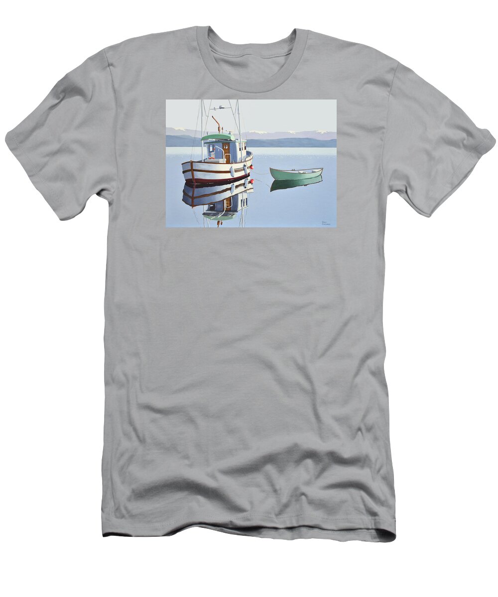 Fishing Boat T-Shirt featuring the painting Morning calm-fishing boat with skiff by Gary Giacomelli