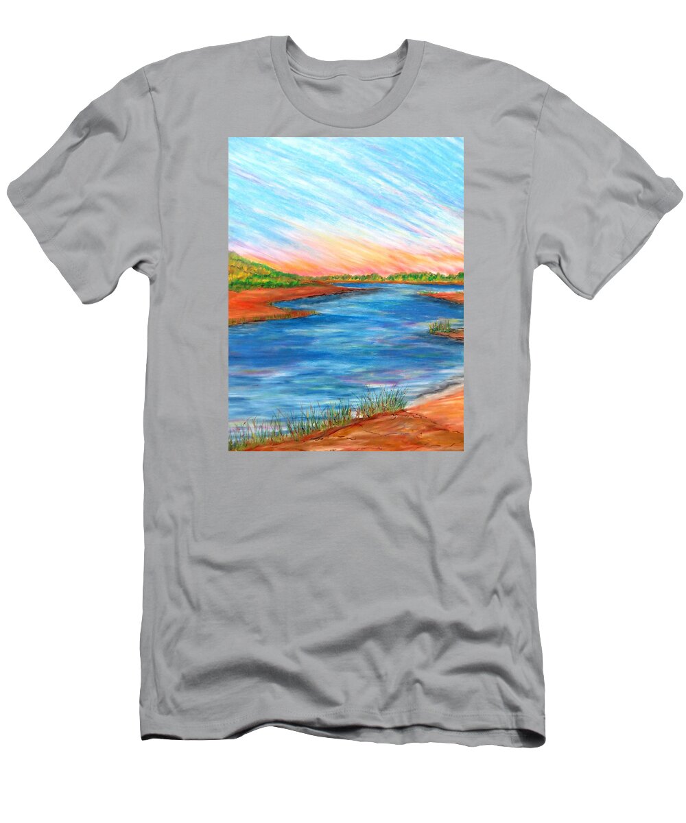 Ocean Saltwater Beach Dunes Pastel Sky Blue Sun Sunrise Morning Beachgrass Dunes Mist Path Montauk Amagansett Oil Pastel Light Dawn T-Shirt featuring the pastel Morning Sun by Daniel Dubinsky